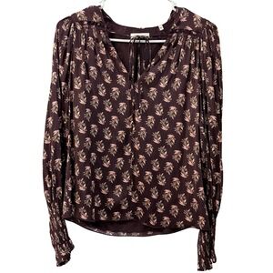 Rebecca Taylor Womens XS Floral Print Long Sleeve Tie Neck Blouse Burgundy Chic